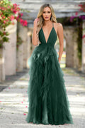 Alances V-Neck A-Line Teired Tulle Maxi Dress (Emerald)