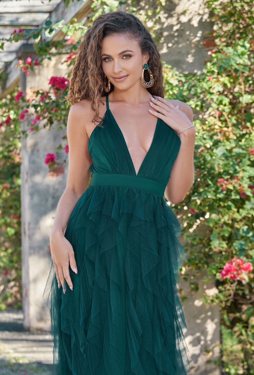 Alances V-Neck A-Line Teired Tulle Maxi Dress (Emerald)