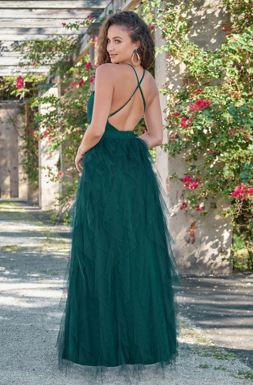 Alances V-Neck A-Line Teired Tulle Maxi Dress (Emerald)