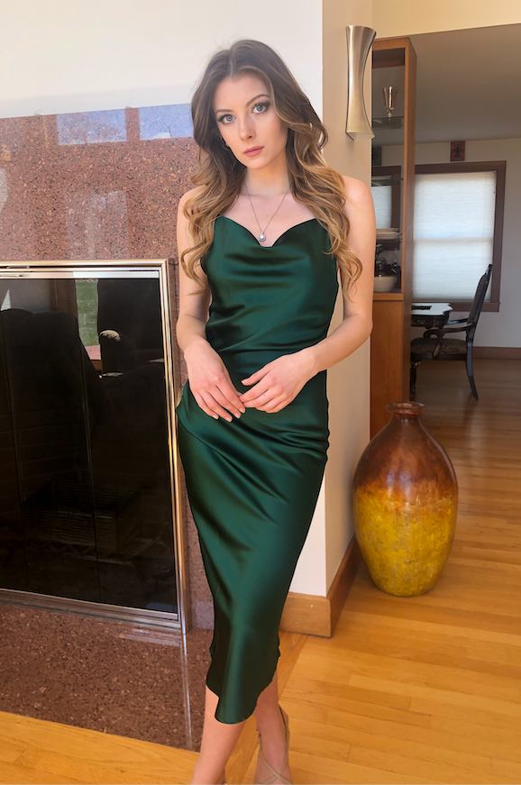 Aspen Midi Satin Cocktail Party Slip Dress (Emerald Green)