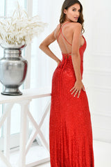 Eclipse Deep-V Lace Up Corset Slit Detail Gown (Red Sequin) - treasures-4-u-2-day