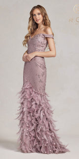Nox Anabel C1106 Long Mermaid Off the Shoulder Gown with Feathers
