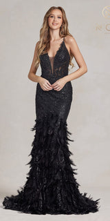Nox Anabel C1111 Glitter Feather Skirt Mermaid Gown