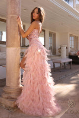 Nox Anabel C1413 Long Sequin Embroidered Applique Fitted Feather Gown