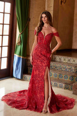 Nox Anabel C1600 Off the Shoulder Fully Beaded Long Train Dress