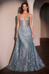 Ladivine C167 Dress Glitter Printed Fitted Gown With Overskirt