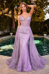 Ladivine C167 Dress Glitter Printed Fitted Gown With Overskirt