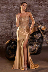 Ladivine C168 Fitted Strapless Floral Beaded Stretch Satin Gown
