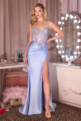 Ladivine C171 Long Sheer Corset Bodice Plunging Neckline Fitted Gown