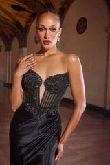 Ladivine C172 Spaghetti Strap Fitted Plunging Neckline Leg Slit Formal Gown