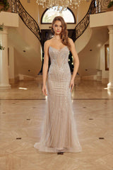 Nox Anabel C1844 Strapless Beaded Tulle Prom Gown Peaked Neckline