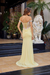 Nox Anabel C1845 Fitted Off Shoulder Embellished Shimmer Jersey Prom Gown