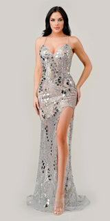 Ladivine CC2292 Sexy Long Sheer Embellished Mirror Applique Formal Dress