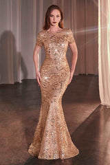 Ladivine CC3700 Rose Gold Floral Motif Sequin Fit and Flare Dress