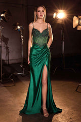 Ladivine CC408 Long Satin Fitted Gown Boned Embellished Bodice Slit