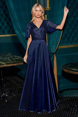 Ladivine CC447 Flutter Sleeves V-Neckline A-Line Satin Evening Gown