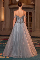 Ladivine CC471 Off Shoulder Glitter Tulle Corset Bodice A-line Ball Gown