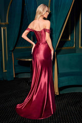 Ladivine CC489 Off Shoulder Sweetheart Neckline Ruched Satin Bodice Fitted Gown