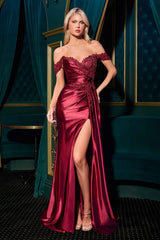 Ladivine CC489 Off Shoulder Sweetheart Neckline Ruched Satin Bodice Fitted Gown