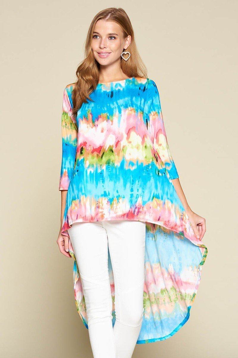 Tyra Tie-dye Polyester Blend 3/4 Sleeves Exotic Floral Print Venechia High Low Fashion Top (Pink/Blue)