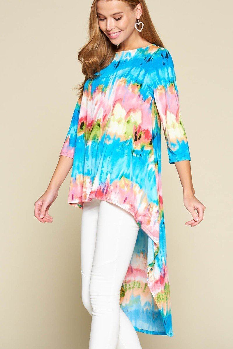 Tyra Tie-dye Polyester Blend 3/4 Sleeves Exotic Floral Print Venechia High Low Fashion Top (Pink/Blue)