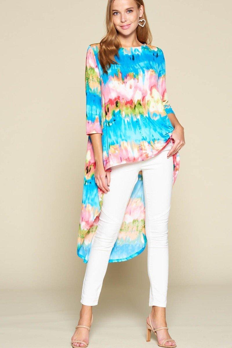 Tyra Tie-dye Polyester Blend 3/4 Sleeves Exotic Floral Print Venechia High Low Fashion Top (Pink/Blue)