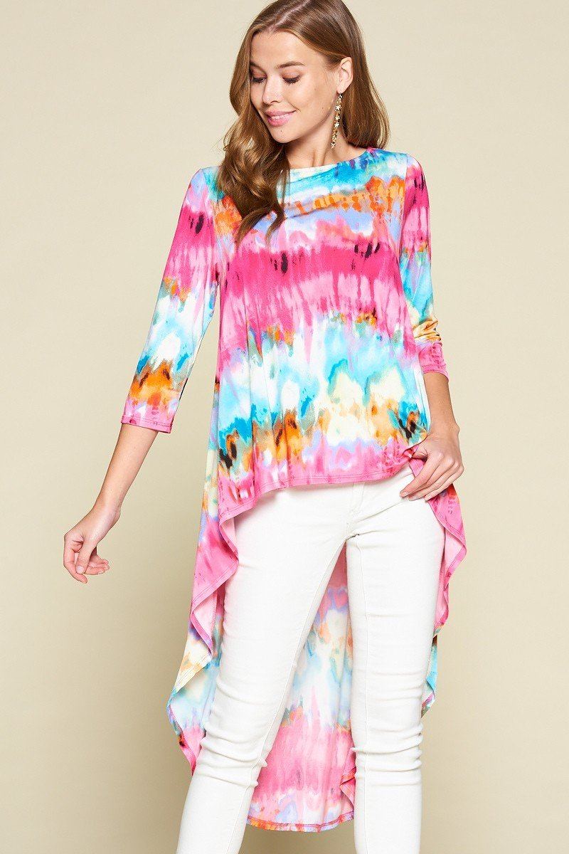 Tyra Tie-dye Polyester Blend 3/4 Sleeves Exotic Floral Print Venechia High Low Fashion Top (Fuchsia)