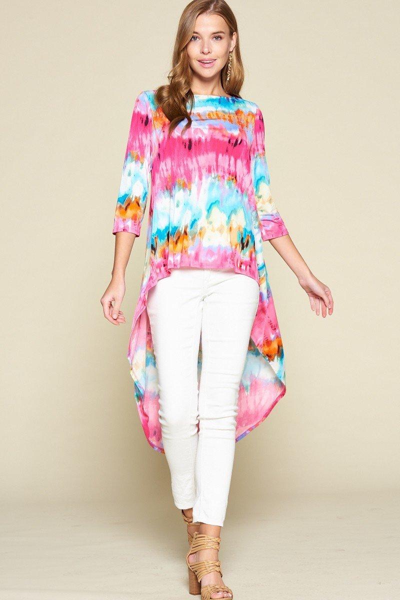 Tyra Tie-dye Polyester Blend 3/4 Sleeves Exotic Floral Print Venechia High Low Fashion Top (Fuchsia)