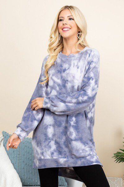 Tyra Tie-dye Polyester/Spandex Ultra Cozy Tie Dye French Terry Oversize Casual Pullover (Blue/Grey)