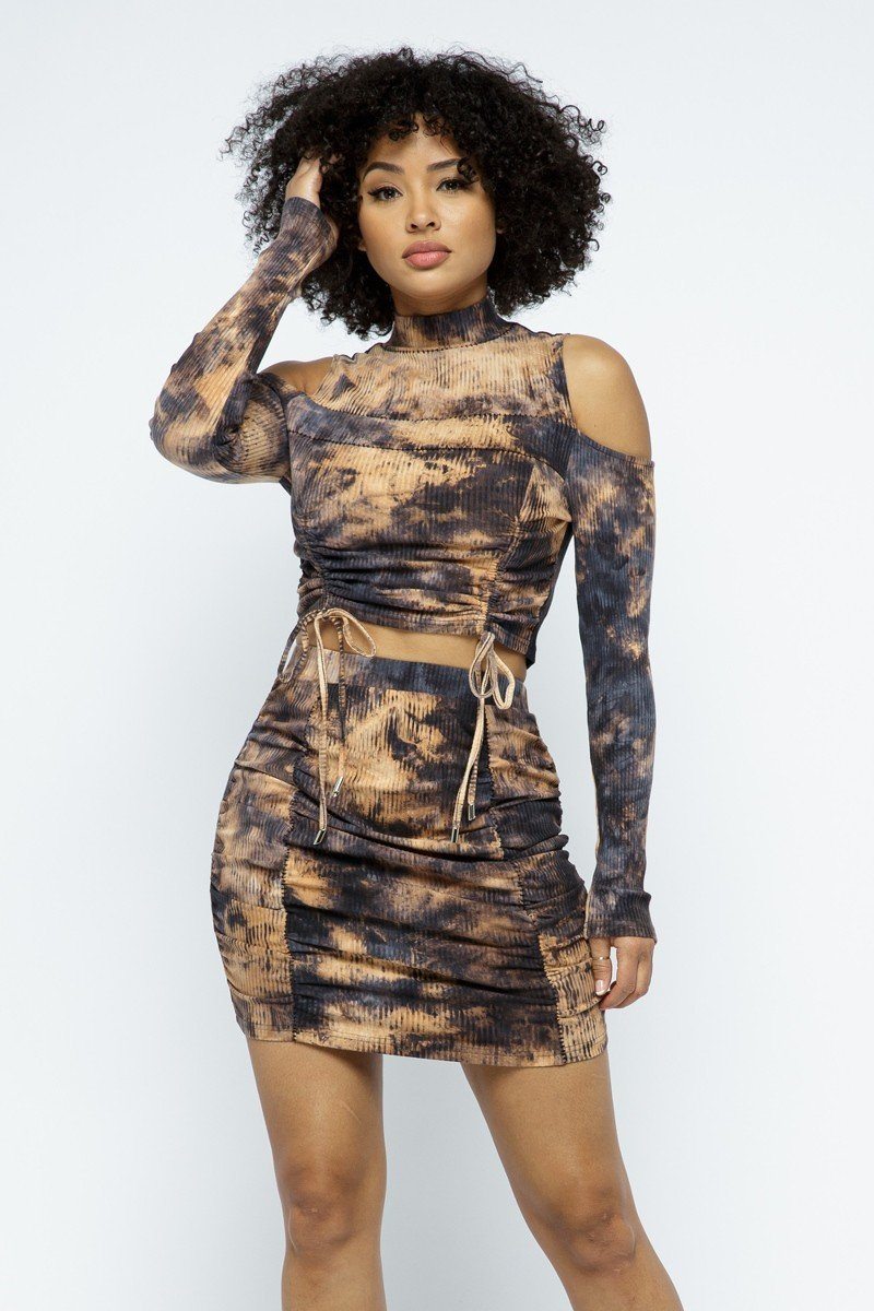 Tyra Tie Dye Cotton/Spandex Open Shoulder Long Sleeve Top w/Matching Skirt Two Piece Set (Brown)