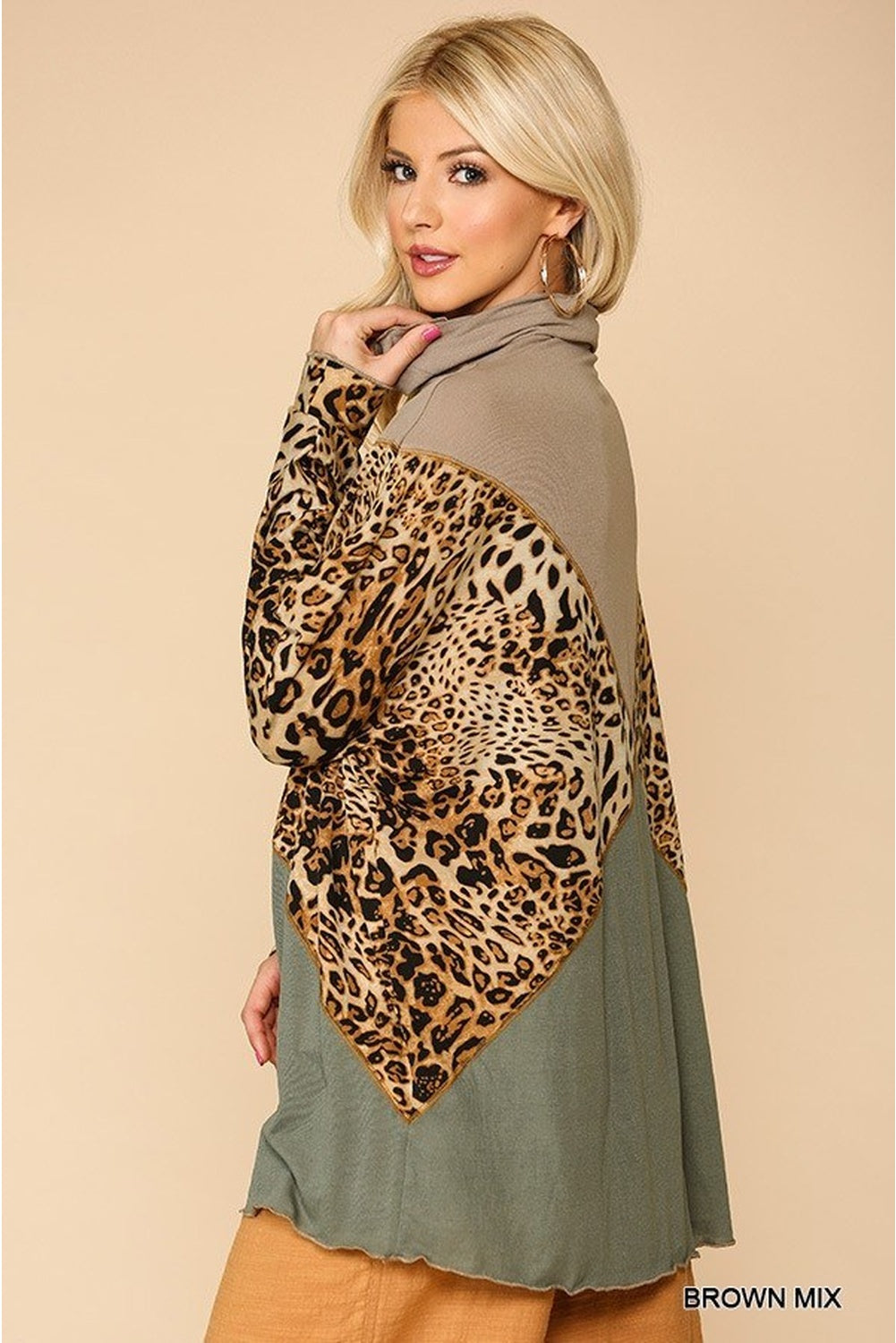 Samantha On Safari Polyester/Spandex Solid Mix w/Animal Pattern Long Sleeve Tunic Top (Brown Mix)