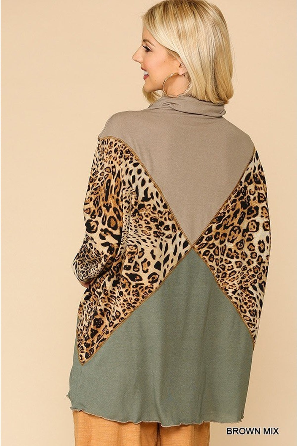 Samantha On Safari Polyester/Spandex Solid Mix w/Animal Pattern Long Sleeve Tunic Top (Brown Mix)