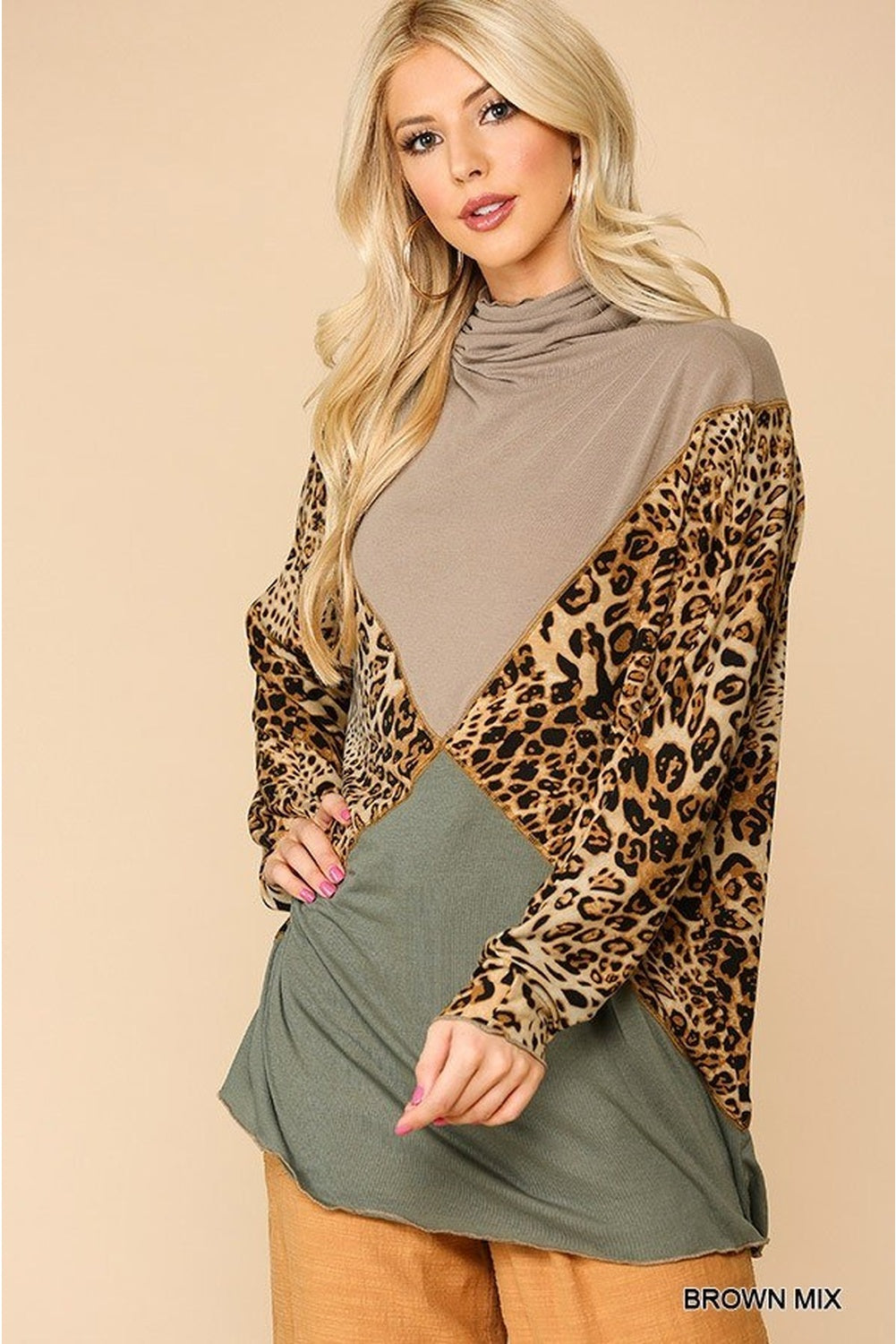 Samantha On Safari Polyester/Spandex Solid Mix w/Animal Pattern Long Sleeve Tunic Top (Brown Mix)