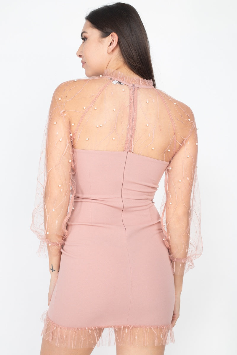 Our Best Sheer Lace Long Sleeve Mock Neck Mesh Pearl Trim Bodycon Mini Dress (Blush)