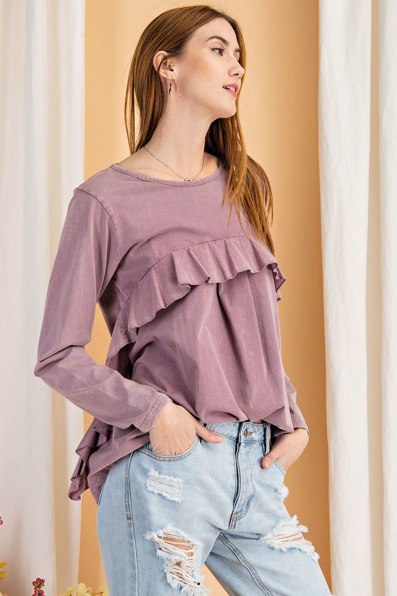 Our Best 100% Cotton Fashion Plus Long Sleeve Ruffled Detailing Oil Washed Knit Tunic Top (Mauve)