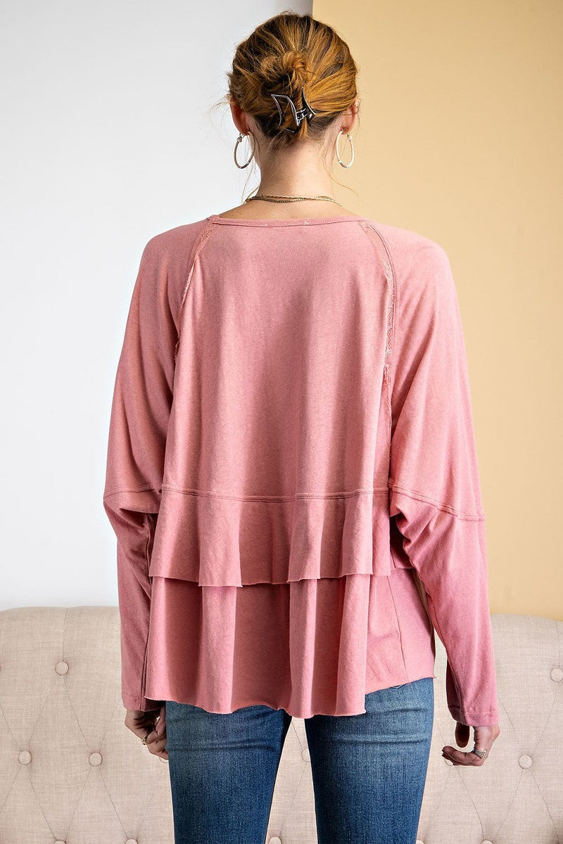 Our Best 100% Cotton Fashion Plus Long Dolman Sleeve Tiered Ruffle Lace Tunic Top (Dusty Rose)