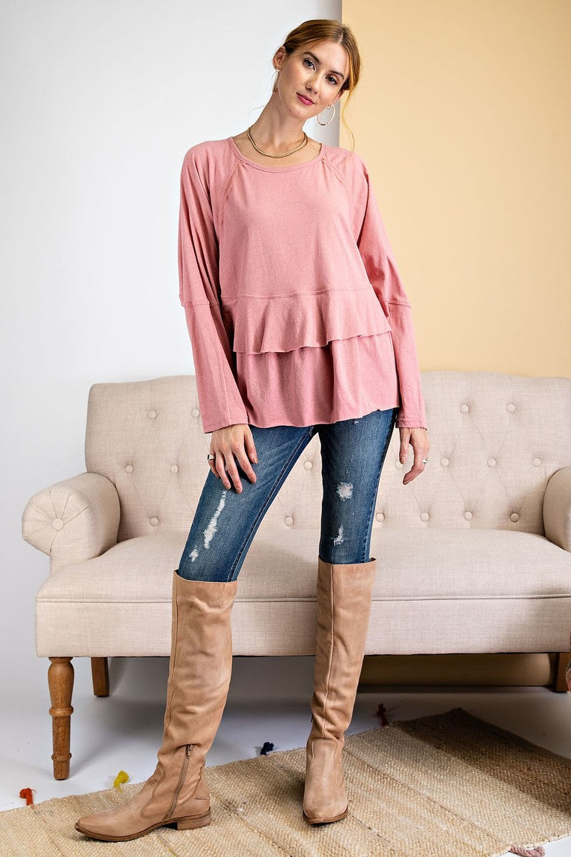 Our Best 100% Cotton Fashion Plus Long Dolman Sleeve Tiered Ruffle Lace Tunic Top (Dusty Rose)