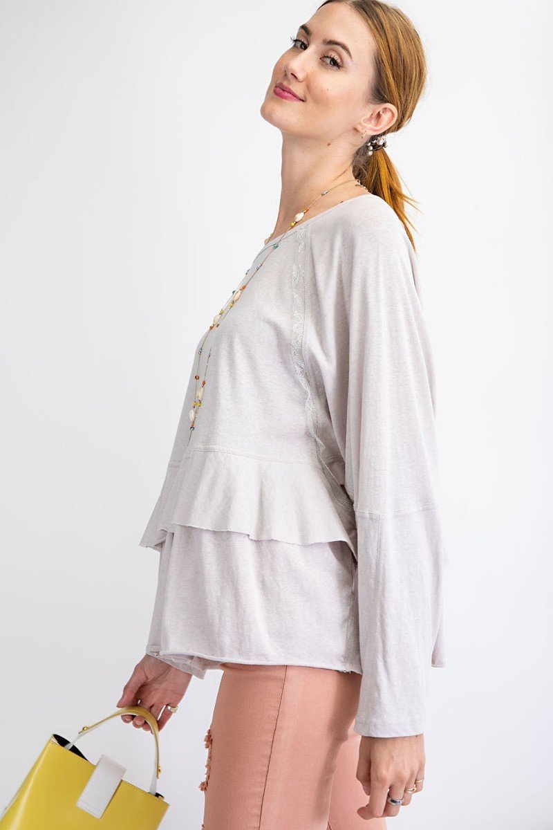 Our Best 100% Cotton Round Neckline Dolman Sleeves Tiered Ruffle Hem Lace Tunic (Light Grey)