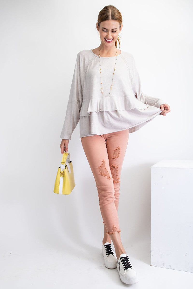 Our Best 100% Cotton Round Neckline Dolman Sleeves Tiered Ruffle Hem Lace Tunic (Light Grey)