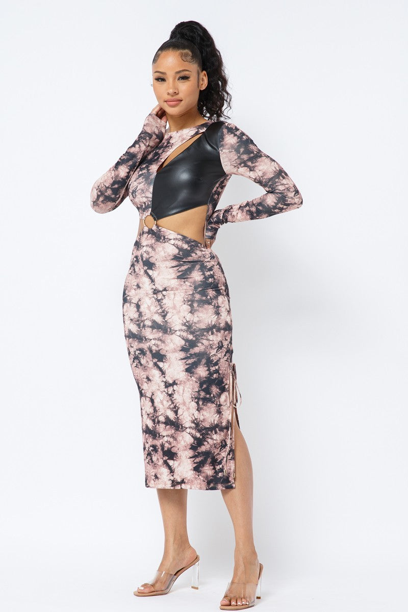 Tyra Tie-dye Polyester Blend Ring Detail Cut-out Bustier Leather Accent Long Sleeve Midi Dress (Brown)