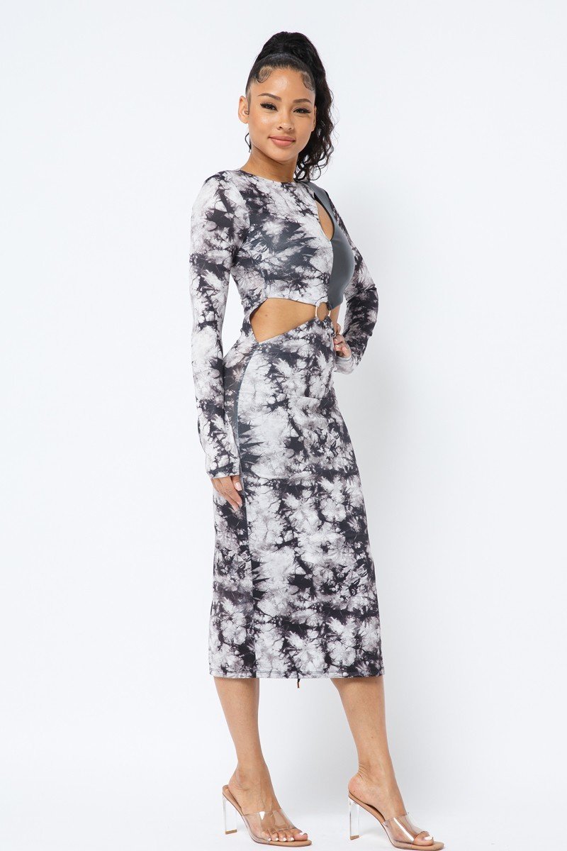 Tyra Tie-dye Polyester Blend Ring Detail Cut-out Bustier Leather Accent Long Sleeve Midi Dress (Black)