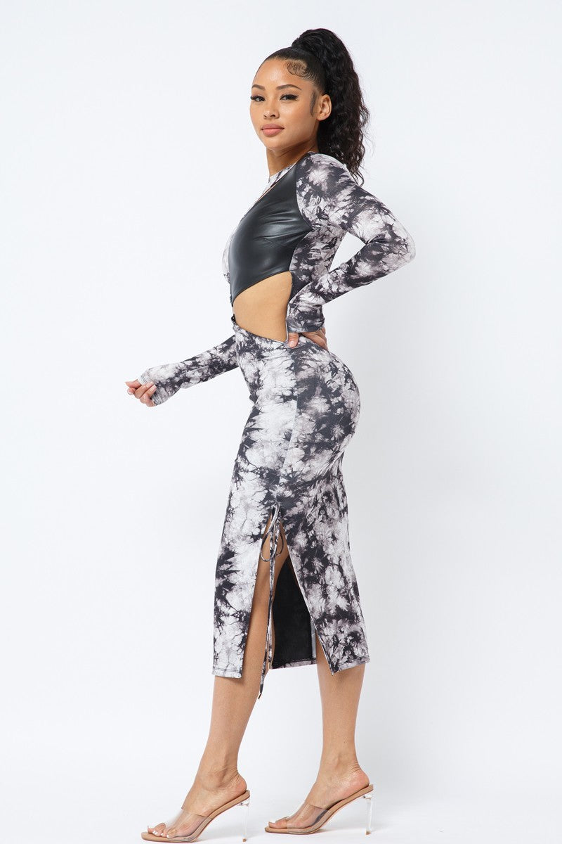 Tyra Tie-dye Polyester Blend Ring Detail Cut-out Bustier Leather Accent Long Sleeve Midi Dress (Black)