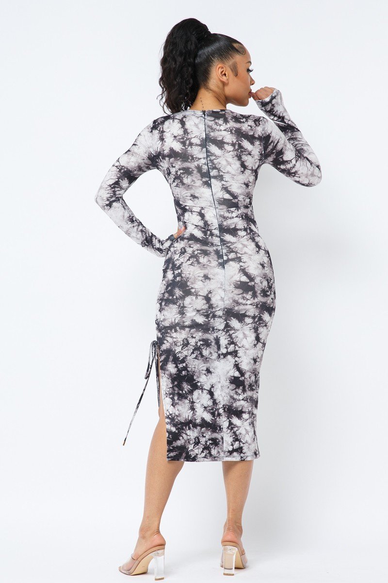 Tyra Tie-dye Polyester Blend Ring Detail Cut-out Bustier Leather Accent Long Sleeve Midi Dress (Black)