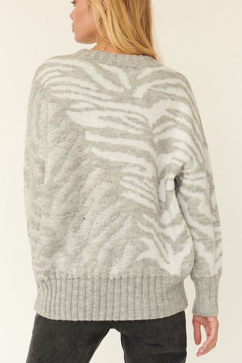 Samantha On Safari Fashion Plus Zebra Print Chic-n-Cozy Pullover Sweater (Heather Gray)