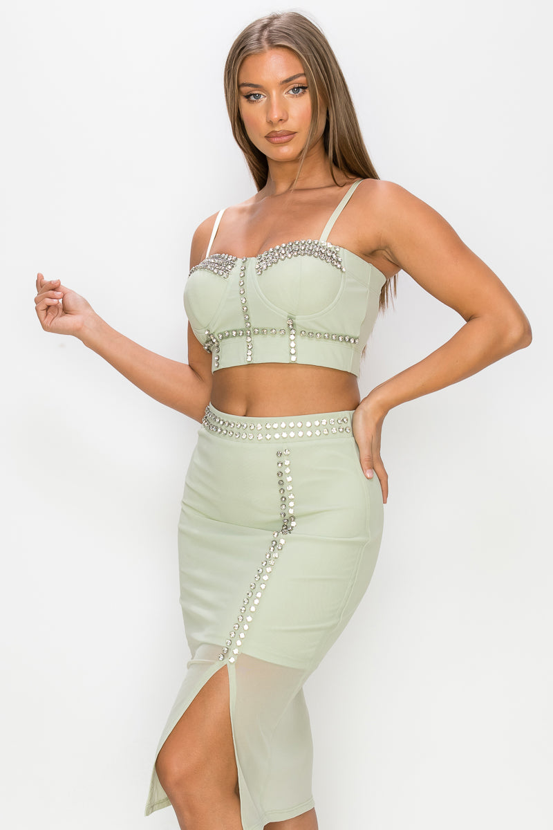 Sharon Stone Studded Stone Herringbone Link Layered Cami Top & Slit Detail Mini Skirt Set (Light Sage)