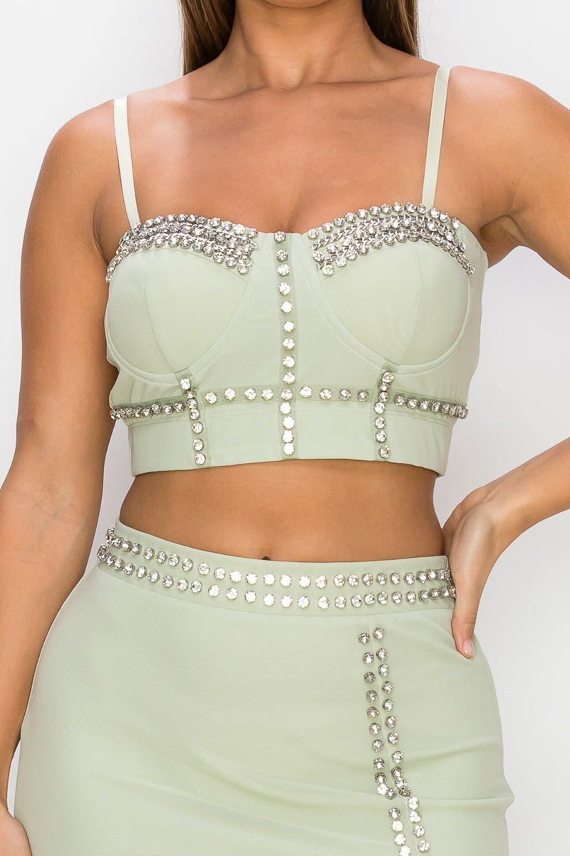 Sharon Stone Studded Stone Herringbone Link Layered Cami Top & Slit Detail Mini Skirt Set (Light Sage)