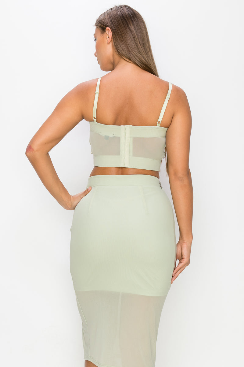 Sharon Stone Studded Stone Herringbone Link Layered Cami Top & Slit Detail Mini Skirt Set (Light Sage)