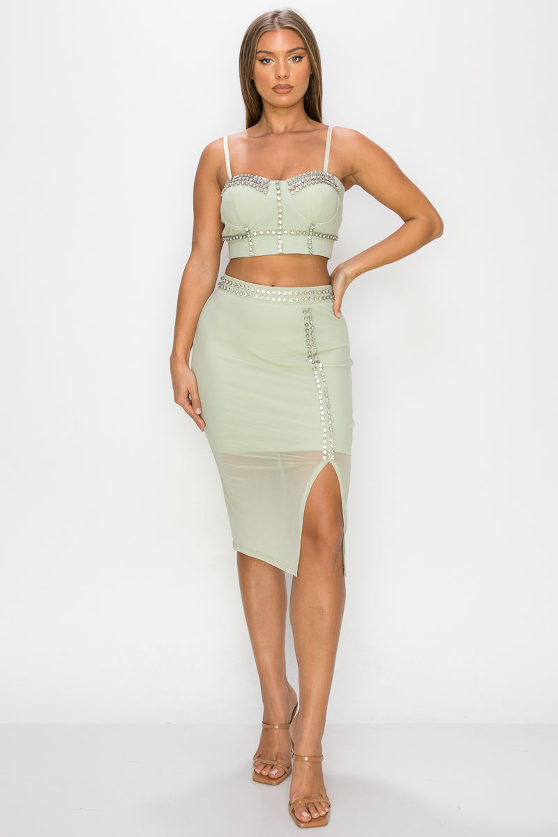 Sharon Stone Studded Stone Herringbone Link Layered Cami Top & Slit Detail Mini Skirt Set (Light Sage)