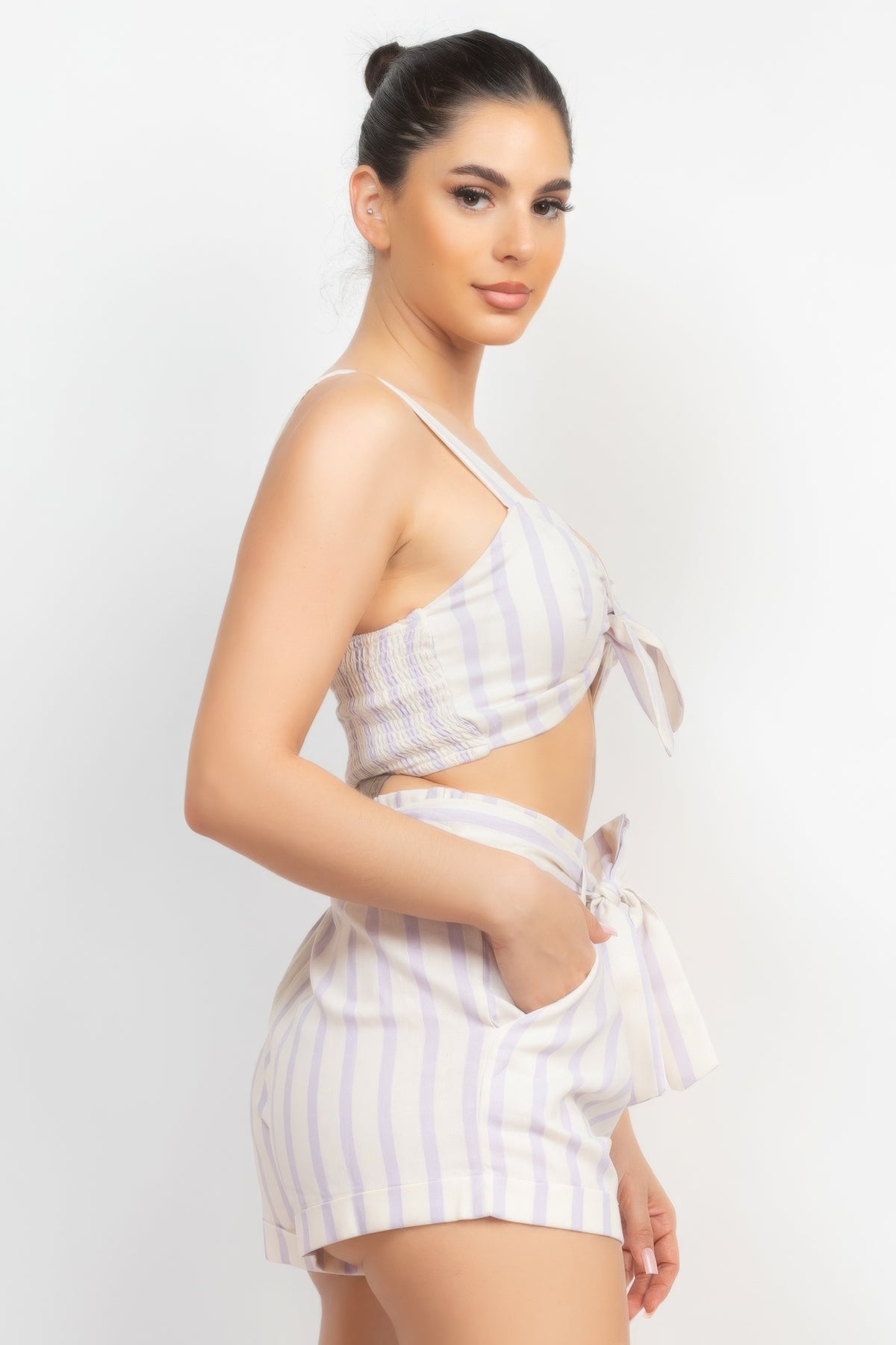 Our Best Polyester Blend Twist Tie-front Striped Crop Top & Belted Shorts Set (White/Lavender)