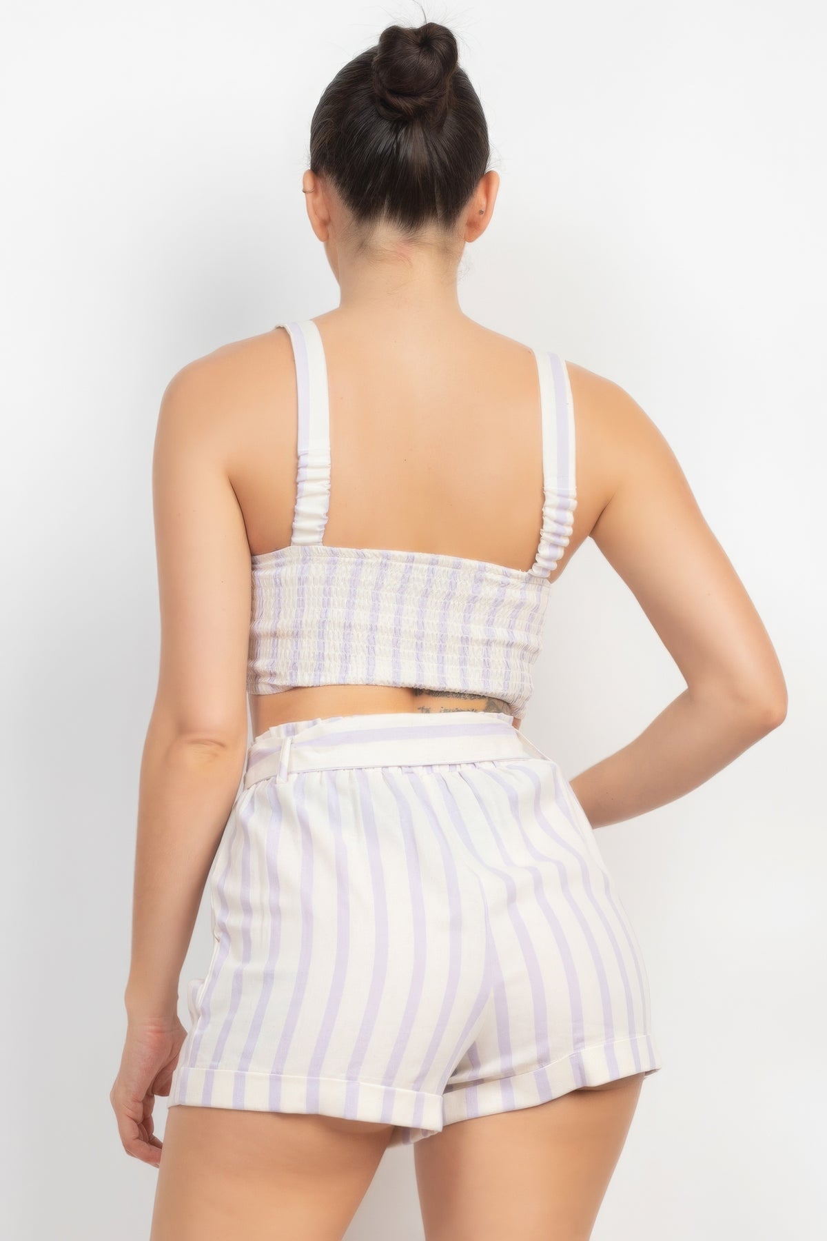 Our Best Polyester Blend Twist Tie-front Striped Crop Top & Belted Shorts Set (White/Lavender)